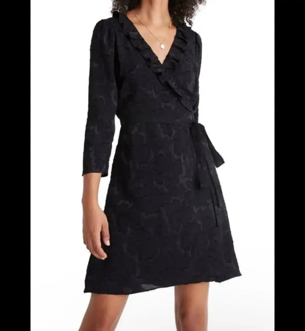 Madewell Black Ruffled Floral Jacquard Wrap Above Knee Mini Dress Size Small